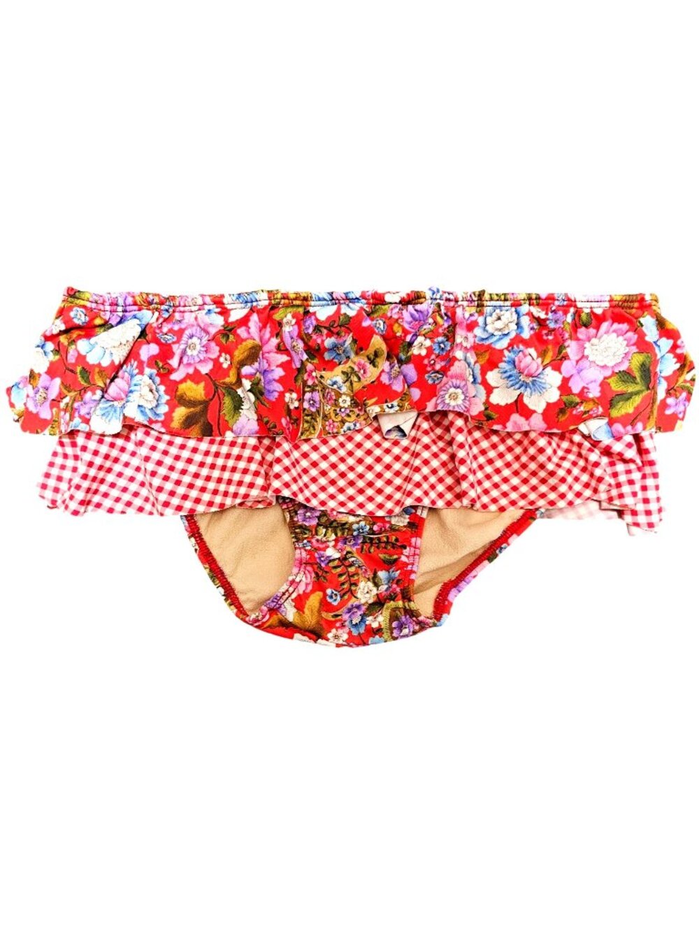 Red Floral & Gingham Ruffle Bikini Bottom Medium Polyamide & Elastane By M & Luc
